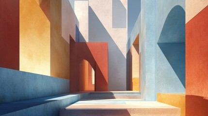 Abstract Geometric Architectural Forms with Colorful Walls and Dramatic Shadows