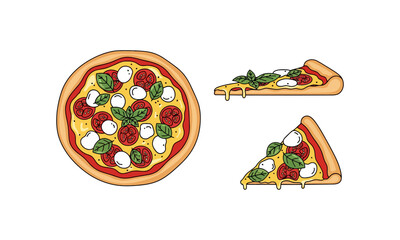 Pepperoni Pizza with Mozzarella and Basil – Food Illustration