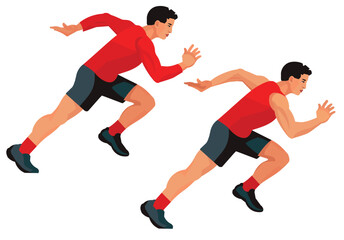 Professional Asian sprinter in profile who runs fast during a short run in a red seasonal uniform