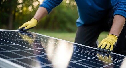 Solar Panel Installation Worker Hands Positioning Power Panel for Future Generation