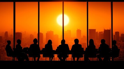 Silhouette of professionals in a business meeting with sunset glow, urban skyline view through large windows,