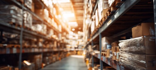 The Warehouse Aisle Filled with Stacked Cardboard Boxes and Industrial Shelving