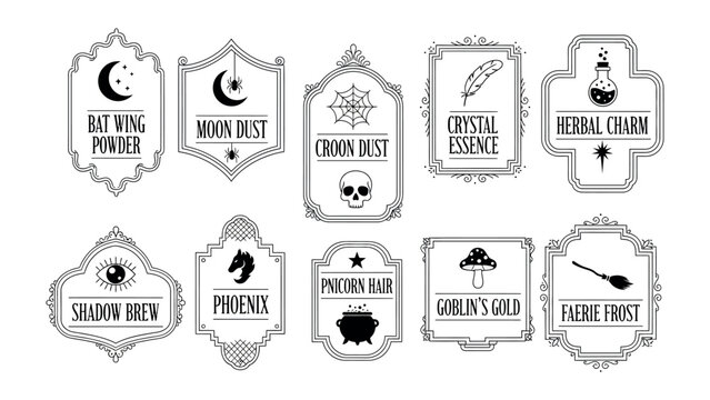 Mystical Potions and Labels: A collection of elegantly designed potion labels, each with a unique icon. The images suggest a world of enchantment.