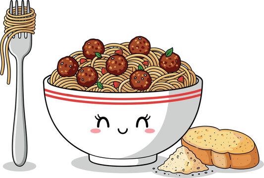 Cute kawaii style bowl of spaghetti and meatballs with garlic bread