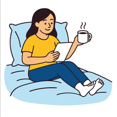 Isolated colorful of woman separated on bed layered with tablet and coffee cup relaxing