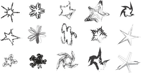 Abstract Set of Hand Drawn Grunge Star Shapes with Distressed Paint Brush Stroke Textures