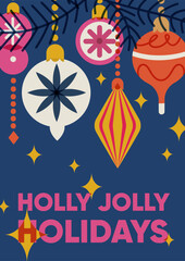 Christmas and New Year greeting card design. Festive winter holiday poster with Xmas baubles, ornaments in retro style. Postcard with seasonal decorations and typography. Flat vector illustration