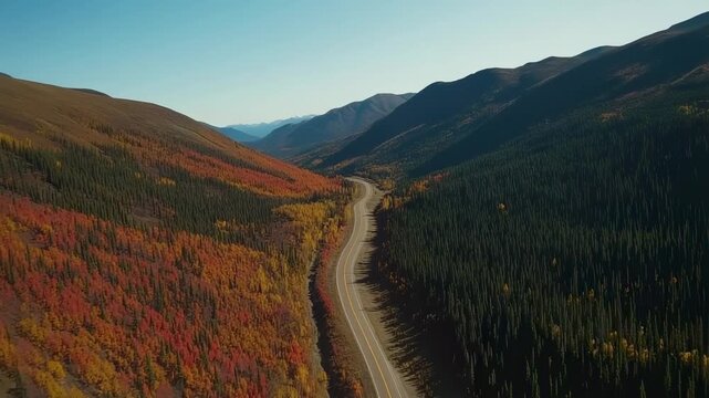 Aerial view of a scenic highway through a valley with vibrant autumn foliage