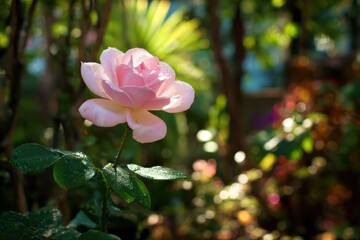 Obraz premium Delicate pink rose with dewdrops glistening in sunlight against lush greenery, soft focus background enhancing a warm garden atmosphere, perfect for nature enthusiasts and floral lovers