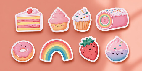 Sweet Delights Stickers: A colorful assortment of cheerful baked goods stickers adorn a warm-toned surface, capturing the essence of joy, creativity, and delightful treats.