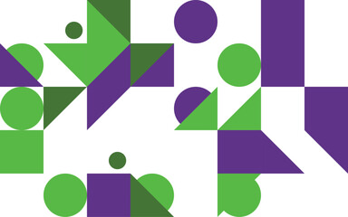 Abstract geometric pattern with green and purple shapes on white background