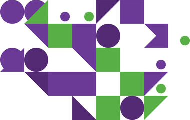 Geometric Abstract Art with Circles Squares and Triangles in Purple Green