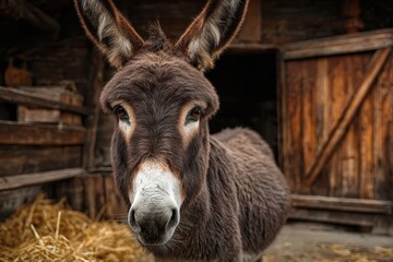Fototapeta premium Curious donkey with expressive ears in rustic farm setting surrounded by hay bales and wooden structure, showcasing a healthy and friendly demeanor. Perfect for animal lovers and farm themes
