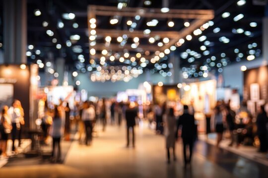 Crowded Exhibition Hall With Blurred Figures, Bright Spotlights, Engaging Atmosphere, People Networking, Conference Vibe, Trade Show Excitement, Dynamic Event Experience, Background Stands