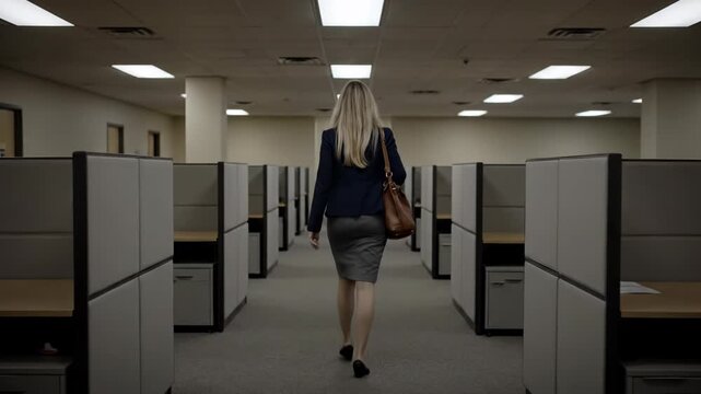A businesswoman with blonde hair walks away from the camera down an empty office aisle with cubicles