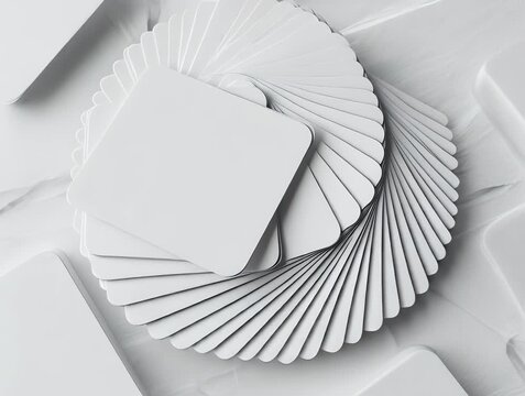 An abstract composition of white, rounded squares. Some in a fan shape, scattered on a textured surface