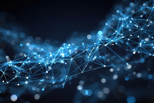 Glowing blue lines and dots forming intricate geometric patterns in a dark abstract background evoking a high-tech digital atmosphere for data and networking concepts