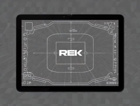 A schematic display on a tablet showing technical diagrams and text, with "REK" prominent