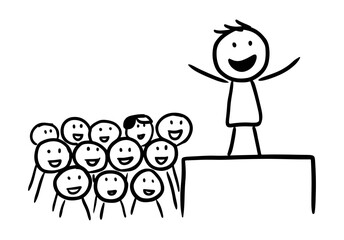 Group of smiling faces and standing figure isolated on black background