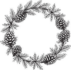 A captivating botanical illustration of a circular wreath composed of intricate pinecones and verdant evergreen branches, creating an elegant and timeless design. 