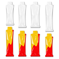 Stick pack bottle shaped sachet. Realistic vector mockup set. White and color design. Easy editable mock-up. Tear notch long vertical pouch package. Plastic bag. Single serve, product sample. Template