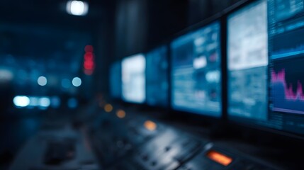 A dimly lit futuristic control room with multiple glowing computer monitors displaying data