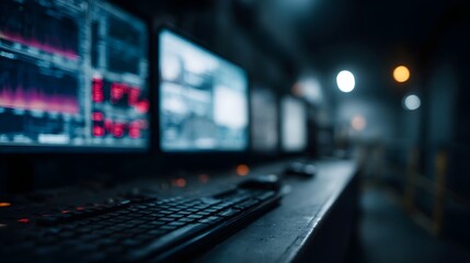A futuristic control room filled with glowing monitors displaying data and complex graphs set in a dark industrial environment