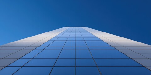 Upward perspective of a modern glass skyscraper facade under clear blue sky