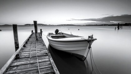 Black And White Image Of A Small Boat Tied To A Wooden Dock On Calm Water At Dusk With Distant Shoreline And Cloudy Sky
