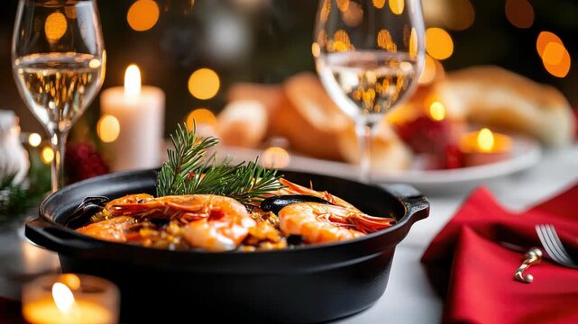 Elegant Spanish Christmas table with seafood bake centerpiece, candles, cava glasses, and red napkins, joyful family holiday dinner,