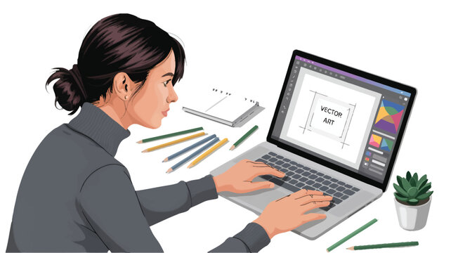 Woman working on vector design on a laptop creating digital art illustration for graphic design and creative projects