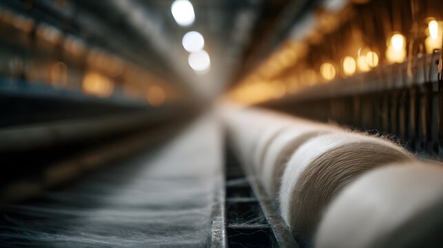 Interior view of a textile factory production line with numerous spools of raw material in focus illuminated by warm industrial lighting