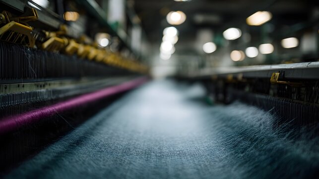 Close up of a textile factory with rows of industrial weaving hines and colorful threads in motion