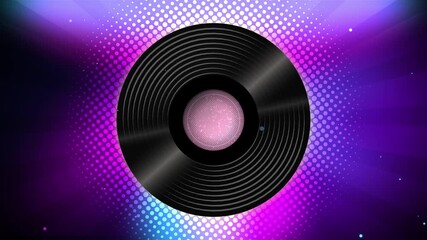 Animated vinyl record with radial and dot pattern over an abstract glowing purple background