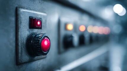 Close up of an industrial control panel with illuminated red and orange indicator lights and buttons