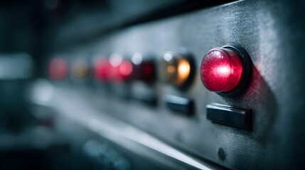 Close up of an industrial control panel featuring illuminated red and orange indicator lights
