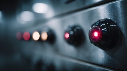 Close up of an industrial control panel with glowing red indicator lights on a metallic surface