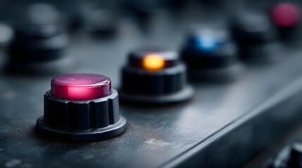 Close up of an industrial control panel with illuminated buttons and glowing indicators showcasing ope nal status