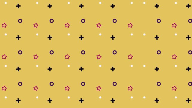 Animated seamless pattern of geometric shapes including plus signs stars and circles on yellow background
