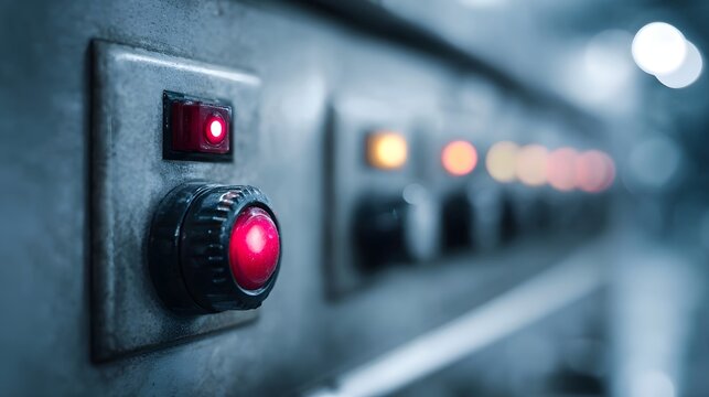 Close up of an industrial control panel with illuminated red and orange indicator lights and buttons