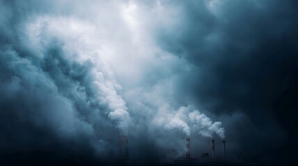 Naklejka premium Industrial chimneys release thick smoke into a dark and moody atmospheric sky