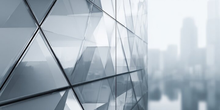 Modern corporate building facade with geometric glass panels against blurred city skyline.