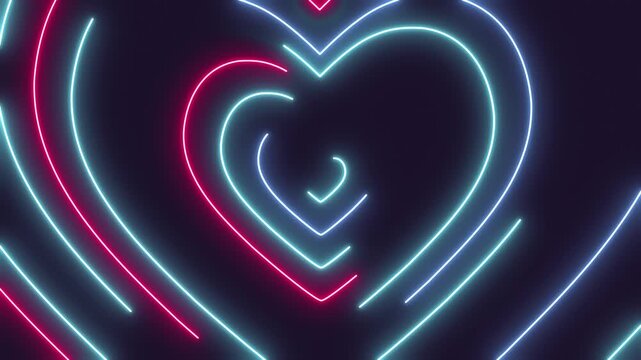 Neon heart tunnel animation romantic love abstract background glowing lines vibrant pink and blue