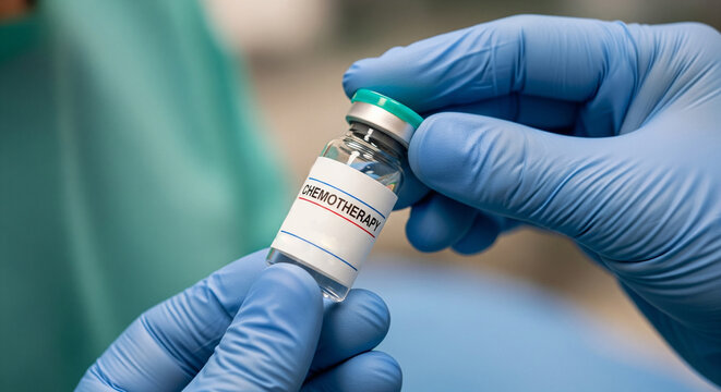 Hands in blue gloves holding a chemotherapy vial