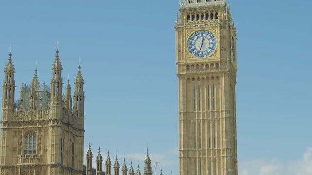 Close up shot of Big Ben and the Palace of Westminster on a clear sunny day. Palace of Westminster and the Elizabeth Tower with the Big Ben clock face under a bright blue sky.