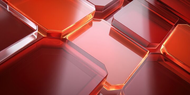 Vibrant Red Geometric Glass Background with Glowing Translucent Shapes