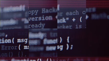 Close up of computer screen with blue programming code, glitch distortion and digital noise, futuristic hacker background, system error, data corruption and cybersecurity concept. Software hack - Powered by Adobe