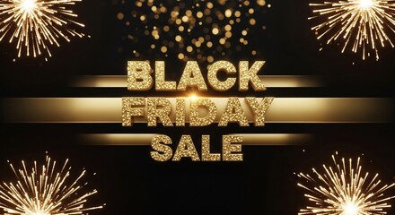 Eye-catching Black Friday sale design. Sparkle with gold glitter text, fireworks, and bokeh lights. Perfect for retail promotions, ads, and holiday marketing.