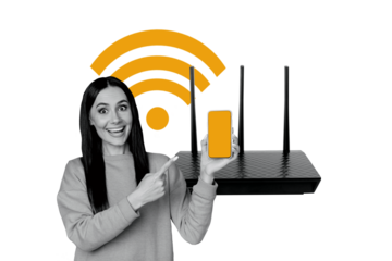 Creative collage picture young happy amazed girl pointing smartphone screen router signal wifi internet connection access modern technology