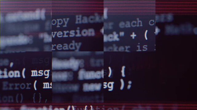 Close up of computer screen with blue programming code, glitch distortion and digital noise, futuristic hacker background, system error, data corruption and cybersecurity concept. Software hack